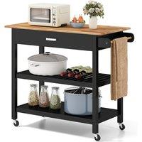 Costway Kitchen Island 3-Tier Rolling Utility Cart with Wood Countertop in Black