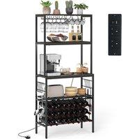 Costway Wine Organizer Bar Multi-Tier Bakers Rack w/ Power Outlet in Grey
