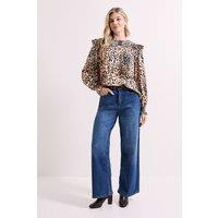 Dorothy Perkins Women's Animal Printed Shirred Yoke Frill Detail Top | Size: 10
