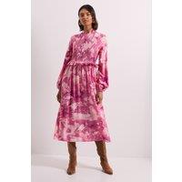 Dorothy Perkins Women's Pink Floral Shirred Bodice Frill Detail Midi Dress | Size: 10