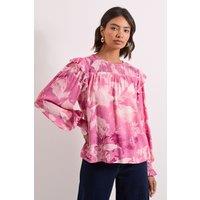 Dorothy Perkins Women's Pink Floral Shirred Yoke Frill Detail Top | Size: 12