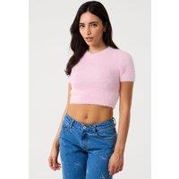 Pink Vanilla Women's Pink Short Sleeve Fluffy Knit Jumper | Size: Medium/Large