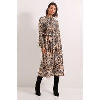 Dorothy Perkins Women's Pink Animal Shirred Bodice Frill Detail Midi Dress | Size: 12