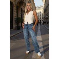 AX Paris Women's Vintage Wash Asymmetric Waist Wide Leg Jeans in Mid Blue | Size: 8