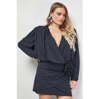 Warehouse Women's Hotfix Plunge Neck Shoulder Pad Rosette Mini Dress in Black | Size: 12