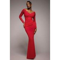 Goddiva Women's Scalloped Lace Bodice Long Sleeve Bardot Maxi Dress in Red | Size: 10