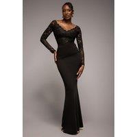 Goddiva Women's Scalloped Lace Bodice Long Sleeve Bardot Maxi Dress in Black | Size: 12