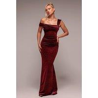 Goddiva Women's Glitter Polka Dot Velvet One Shoulder Maxi Dress in Wine | Size: 18