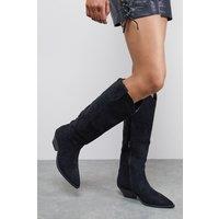 Faith Women's : Cali Faux Suede Low Heel Western Knee Boots in Natural Black | Size: 3
