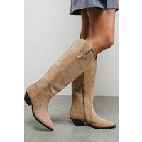 Faith Women's : Cali Faux Suede Low Heel Western Knee Boots in Beige | Size: 3