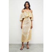Warehouse Women's Metallic Jacquard Volume Bardot Midi Dress in Gold | Size: 8