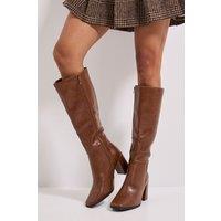 Dorothy Perkins Women's Wide Fit Kristen Square Toe High Heel Faux Leather Knee Boots in Dark Tan | Size: 3
