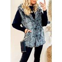 CY Women's Longline Oversized Faux Fur Gilet With Hood in Grey | Size: Large/XL