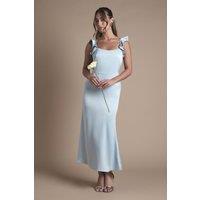 Oasis Women's Ruffle Square Neck Satin Bridesmaid Midi Dress in Light Blue | Size: 14