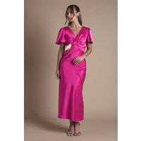 Oasis Women's Satin Twist Front Angel Sleeve Midi Bridesmaid Dress in Bright Pink | Size: 6
