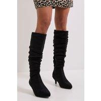 Dorothy Perkins Women's Khloe Faux Suede Kitten Heel Knee High Ruched Boots in Natural Black | Size: 4