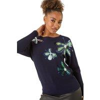 Roman Women's Sequin Floral Knit Jumper in Navy | Size: 14