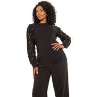 Roman Women's Petite Faux Pearl Contrast Cable Knit Jumper in Black | Size: 18