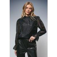 Oasis Women's Sequin Floral Embroidered Frill Neck Blouse in Black | Size: 8