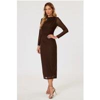 FS Collection Women's Long Sleeves Mesh Midi Dress In Brown | Size: Large