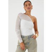 MissPap Women's Mesh One Shoulder Bodysuit in White | Size: 8