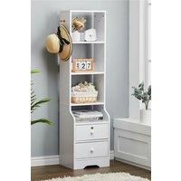 White Slim Storage Shelving Unit with Lockable Drawer with 4 Shelves