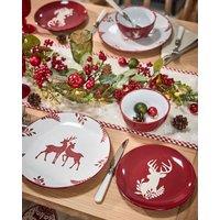 Dibor 12 Piece Red Plates & Bowls Reindeer Christmas Dinner Set 4 Person Christmas Crockery Set