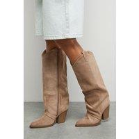 Faith Women's : Alma Faux Suede Straight Leg Western Knee Boots in Beige | Size: 7