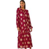 Roman Women's Frill Brocade Midi Dress in Red | Size: 14