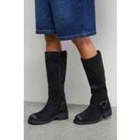 Faith Women's : Bia Faux Suede Knee High Biker Boots in Natural Black | Size: 5