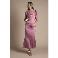 Oasis Women's Satin Tie Shoulder Cowl Front Midi Bridesmaid Dress in Dark Mauve | Size: 12