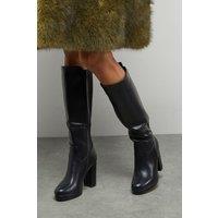 Faith Women's : Keira Faux Leather Platform High Block heel Knee Boots in Black | Size: 3