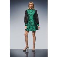 Oasis Women's Floral Jacquard High Neck Flippy Mini Dress in Green | Size: 16
