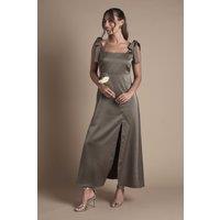 Oasis Women's Petite Satin Tie Shoulder Midi Bridesmaid Dress in Olive | Size: 14