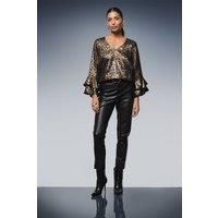 Wallis Women's Metallic Leopard Flute Sleeve Top in Gold | Size: 10