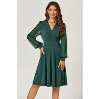 FS Collection Women's Long Chiffon Sleeve Pleated Midi Dress In Dark Green | Size: Large