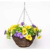 Primrose Artificial Pansy Flowers Rattan Hanging Basket Decoration Yellow Purple & White 25cm