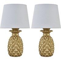 First Choice Lighting Set of 2 Pineapple - Gold Resin Table Lamps with White Fabric Shades