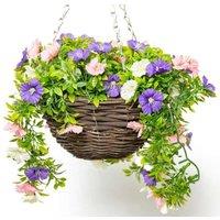 Primrose Artificial Petunia Flowers Rattan Hanging Basket Decoration Pink Purple & White 25cm
