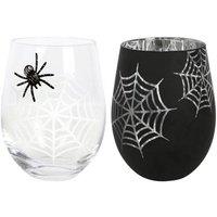 KDMD Set of 2 Spider & Web Stemless Wine Glasses in Black