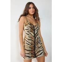 NastyGal Women's Tiger Hand Embellished Sequin Strappy Mini Dress in Gold | Size: 8
