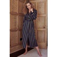 British Boxers Women's "Malachite Regimental" Cotton Satin Stripe Dressing Gown in Dark Blue | Size: Small