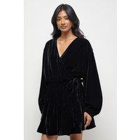 Warehouse Women's Velvet Wrap Mini Smock Dress in Black | Size: 12