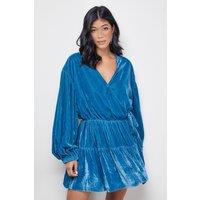 Warehouse Women's Velvet Wrap Mini Smock Dress in Teal | Size: 8