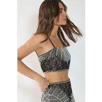NastyGal Women's Contrast Lace Strappy Sequin Crop Top Co-ord in Black | Size: 6