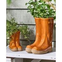 Dibor Set of 2 Small & Large Orange Wellington Boots Ceramic Indoor Outdoor Flower Pot Garden Planters (Dia) 29.5cm, (H)16cm
