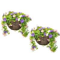 Primrose Pair of Artificial Petunia Flowers Rattan Hanging Basket Decoration Pink Purple & White 25cm