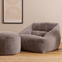 icon Natalia Bean Bag Armchair & Round Footstool, Rabbit Faux Fur Light Grey | Size: Medium