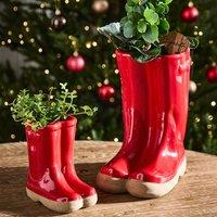 Dibor Set of 2 Small & Large Red Wellington Boots Ceramic Indoor Outdoor Flower Pot Garden Planter Pots