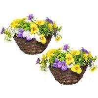 Primrose Pair of Artificial Pansy Flowers Rattan Hanging Basket Decoration Yellow Purple & White 25cm